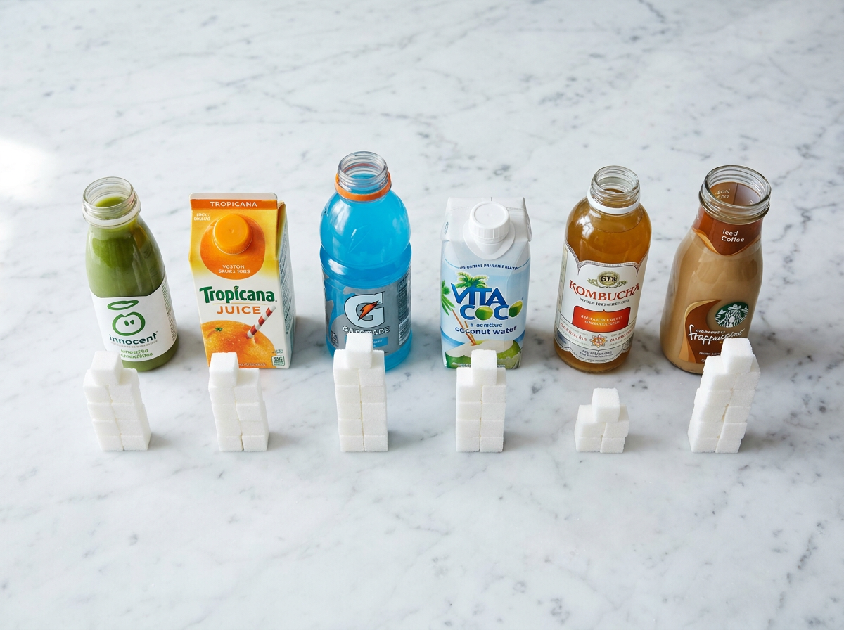 A lineup of popular sugary drinks including soda, energy drinks, and flavored coffee
