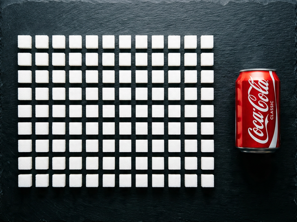 126 grams of sugar visualized as sugar cubes next to a can of soda