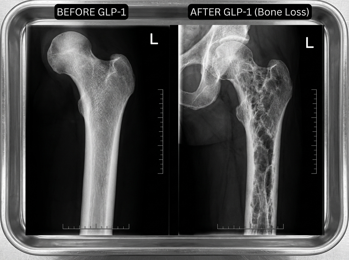 DEXA scan comparison showing bone mineral density reduction over 12 months on a GLP-1 medication